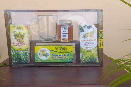 York's Organic Products manufacture products such as: Soursop Leaf Tea with Ginger; Rosemary Tea with Ginger; Lemongrass Tea with Ginger; Gift tea packages.